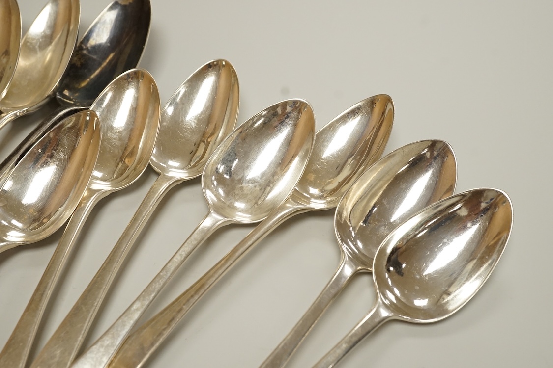 A set of eight early Victorian silver Old English pattern table spoons and eight matching dessert spoons, by Mary Chawner, London, 1839, 27.6oz.